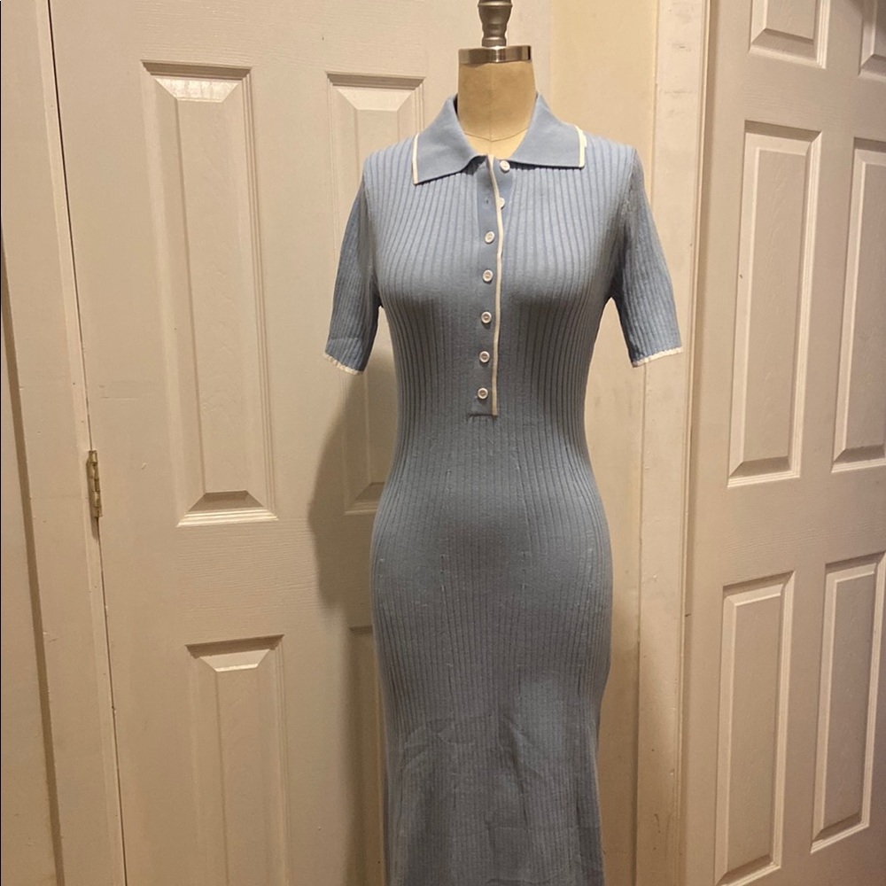 Blue Ribbed Polo Dress